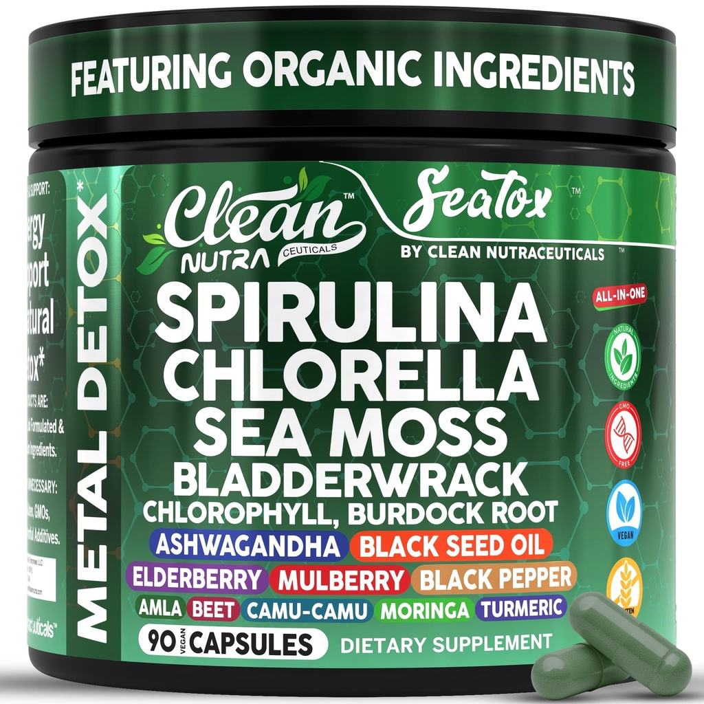 Sea Tox Organik Spirulina ve Chlorella Capsules Natural Cleansing & Nourishment Sea Moss Bladderwrack Chlorophyll Burdock Root Ashwagandha Turmeric 90
