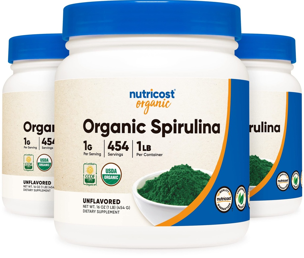 Nutricost Organik Spirulina Toz Unflavored, 454 Hizmet Için 1LB Konteyneri (3 Şişe) - Vegan, GMO Free ve Gluten Free