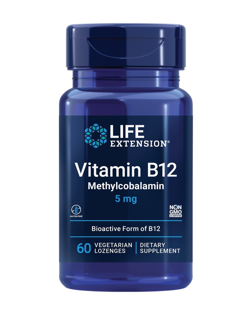 Life Extension Vitamin B12 Torchcobalamin, Nerve Health Supplement, Cognitive Support, Energy Vitamin, tilcobalamin B12, 5 mg, Quick-Dis çözme, Gluten-Free, Non-GMO, Vegetarian, 60 lozenges