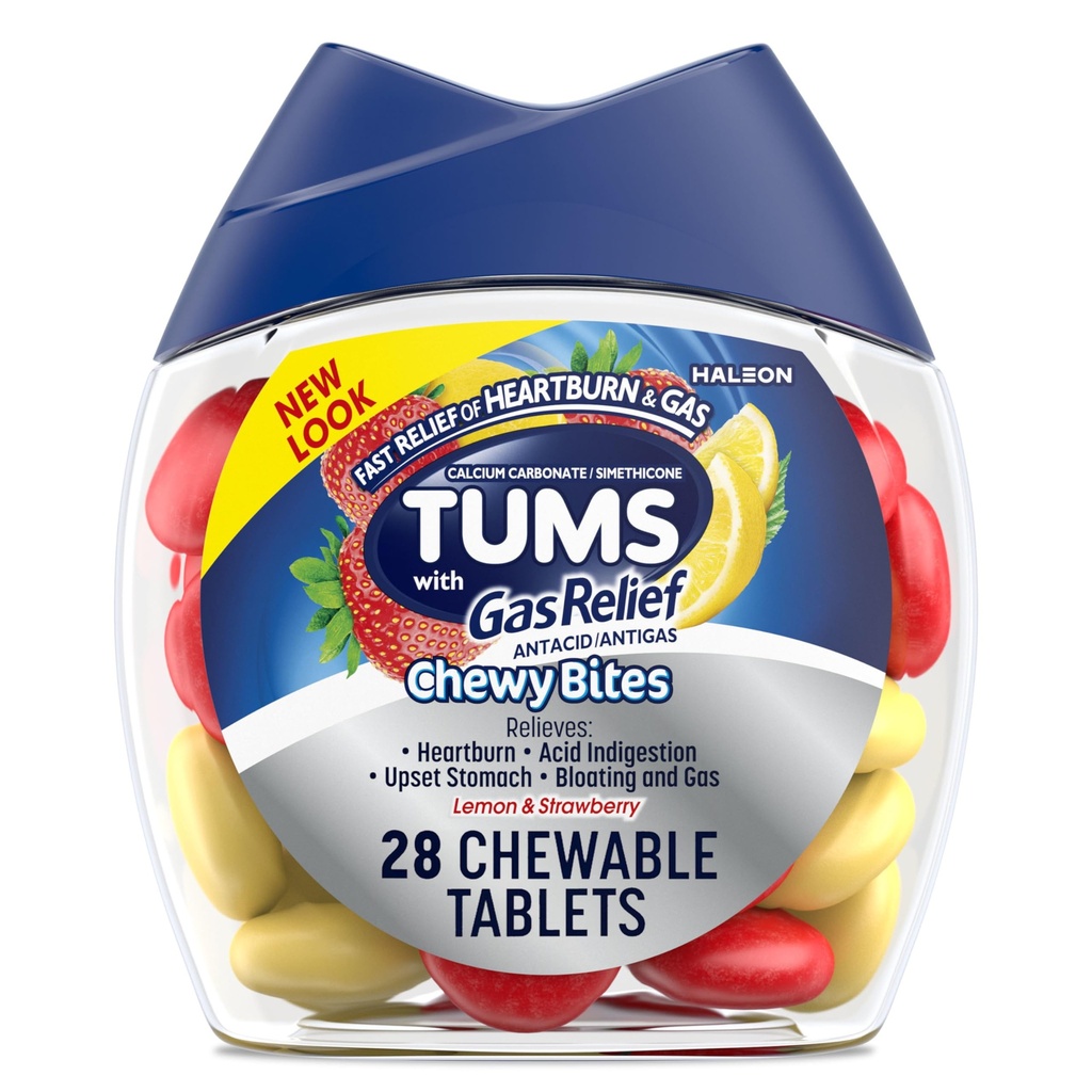 TUMS Chewy, Gas Relief, Lemon & Strawberry ile Antacid Tabletleri Çekir - 28 Kont