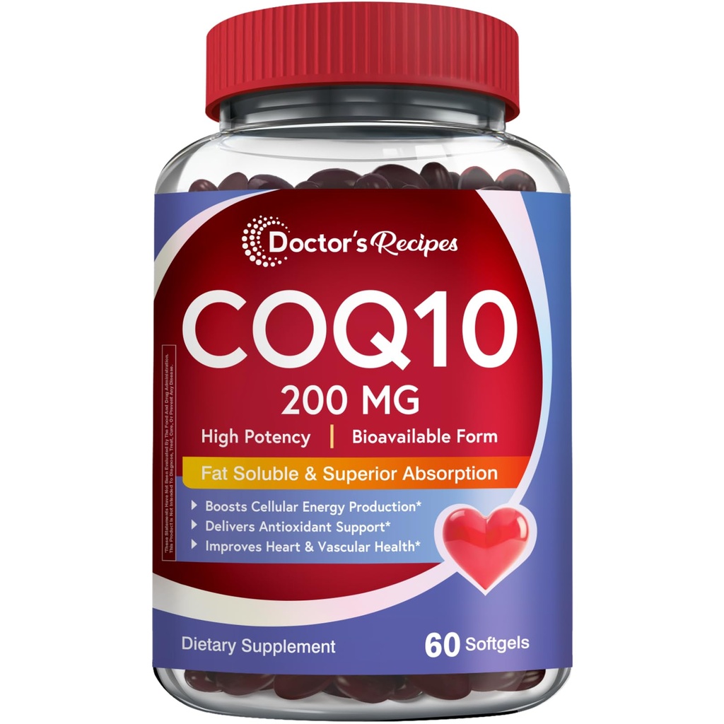 Doctor's Recipes CoQ10 200mg, Highly Absorbable Coenzyme Q10, Antioxidant Support & Cellular Energy Boost, Improves Heart, Vascular Health, Non-GMO, 60 Softgels, 2 Month Supply