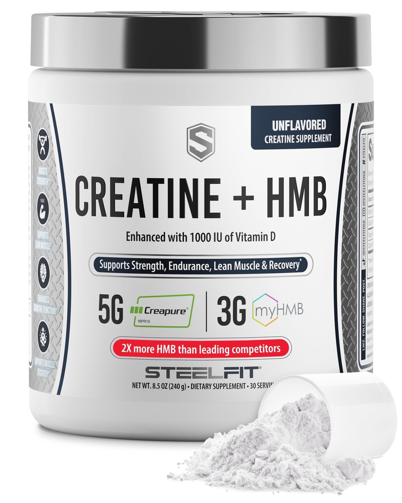 SteelFit Tinatine HMB Toz - 5gpure Kreatin Monohidrat Toz, 3g myHMB & 1000 IU Vitamin D - Workout Supplement Supports Muscle growth, Strength, Recovery & Energy - Unflavored, 30 Servisler
