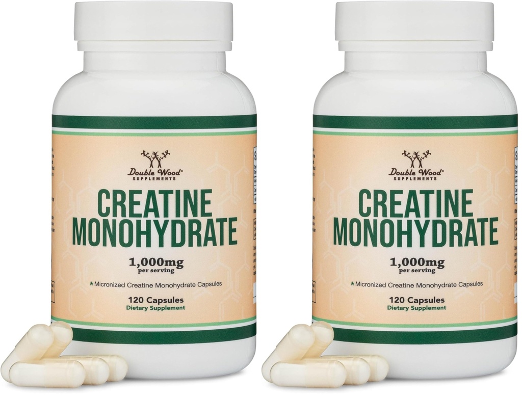 Tinatine Monohidrat Capsules - 1g per Service, 120 Count - No Fillers, Vegan Güvenli, Non-GMO, Gluten Free by Double Wood (Pack of 2)