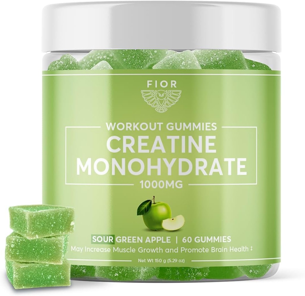 FIOR Kretine Gummy - En İyi Kretine Monohidrat Chewable, 60 Kont, Workout & Protein Tamam, Bilişsel Geliştirme, Sour Green Apple Flavor, 30 Hizmet