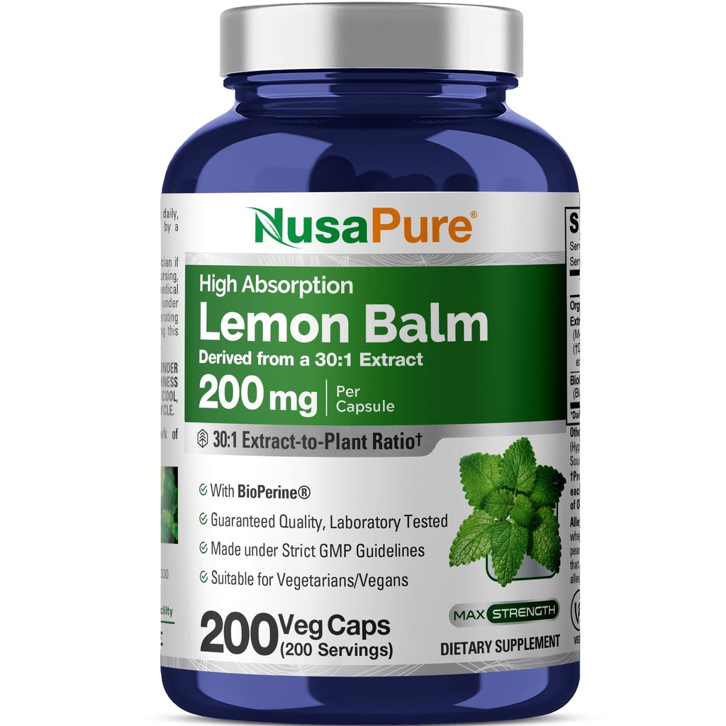 NusaPure Lemon Balm 30:1 Ekstraksiyon, 200 mg Vegan Caps - 200 Kont Non-GMO, Vegan Bioperine