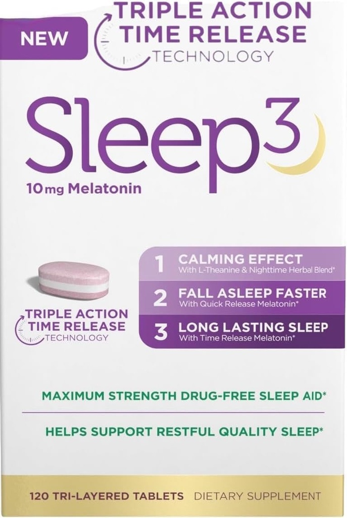 NB Sleep3 Triple Action Time Release Melatonin Sleep Aid, 10 mg, maksimum Güçlü, Uyuşturucu Özgür, 120 Tri-Layered Tabletler, L-Theanine Sleep Aid, 10 mg, Maximum Strength, Drug-Free, 120 Tri-Layered Tabletler, L-Theanine