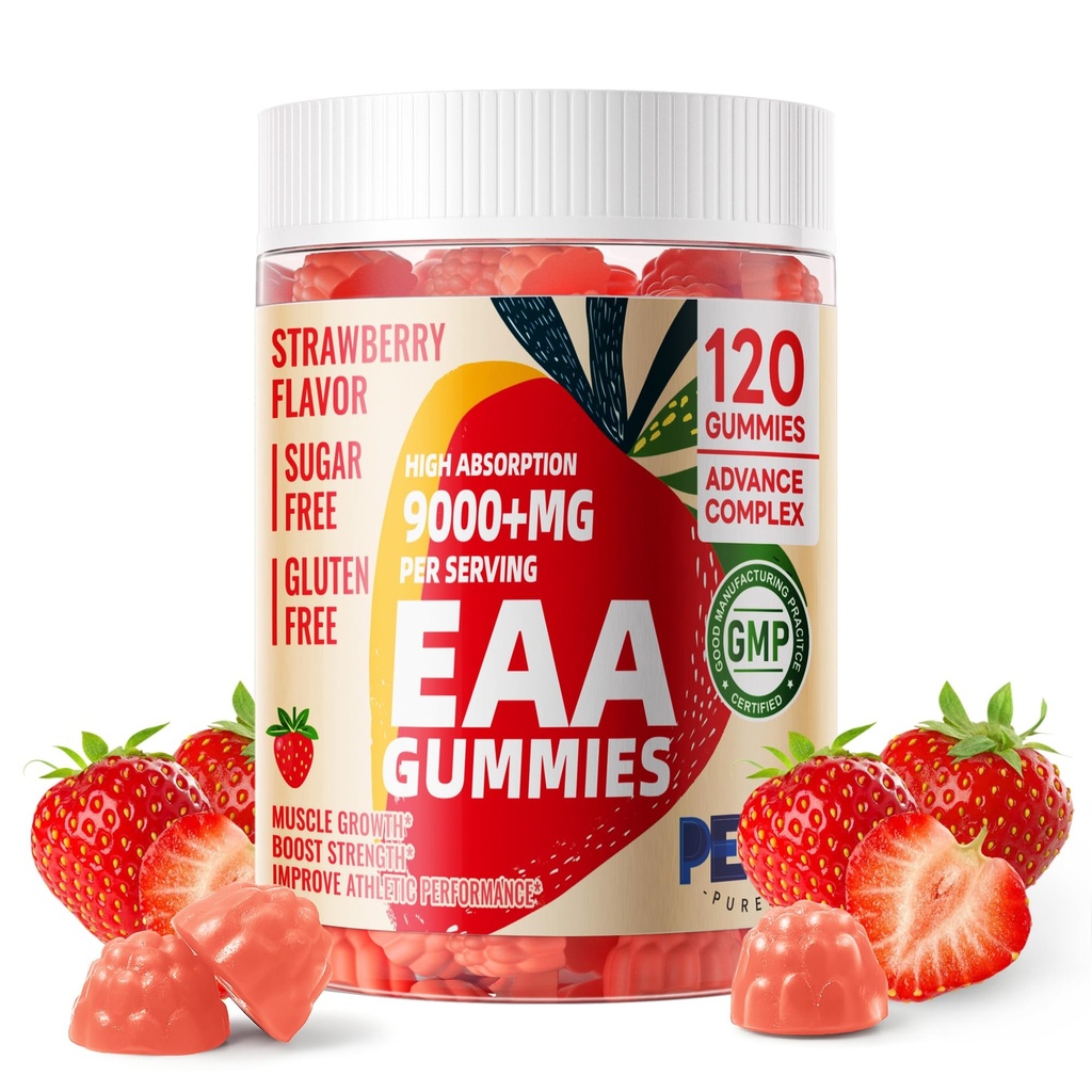Evcil hayvanlar Safst EAA Gummies 120 Gummies (Strawberry), Essential Amino Asitler - Tüm 9 Temel Aminoas (EAA) ve All Branched-Chain Reeses (BCAAs), Non-GMO, Gluten Free, Vegetarian Friendly