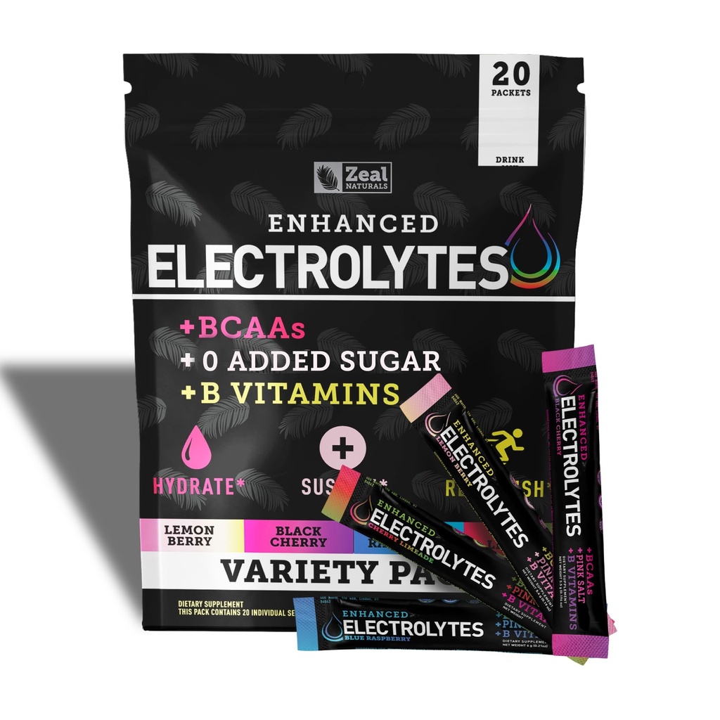 Zeal Naturals Elektrolyte Toz Çelik Paketlerini Geliştirdi (Variety Pack - 20 Packets) Sugar Free + BCAA B-Vitamins & Pink Himalaya Salt - Keto Electrolytes, Hydration Toz