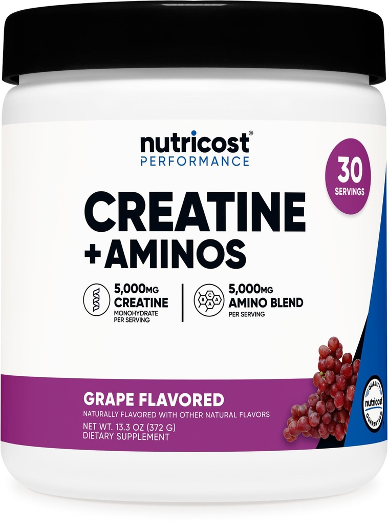 Nutricost Kretine + Aminos 30 Hizmetler (Grape Flavored) - 5000 mg Kreatine Monohidrat + 5000 mg Amino BCAA Ölmüş