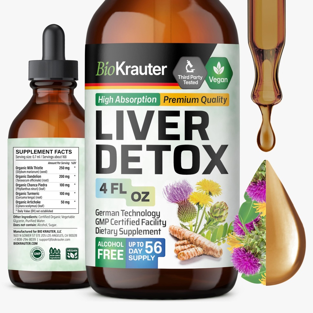BIO KRAUTER® Liver Cleanse Detox & Tamir* - Vegan Sıvı Butle, Chanca Piedra, Turmeric, Dandelion Root & Artichoke 700 - 4 Fl.Oz 56-Day of Supply - Alkol & Sugar Free