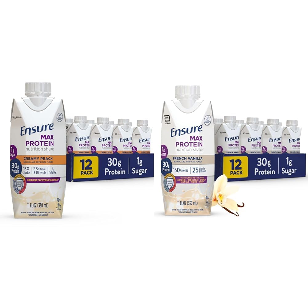 Max protein Beslenme Shake'yi 30g proteini, 1g Sugar, High Protein Shake, Creamy Peach & French Vanilla, Liquid, 11 fl oz (Paket 12)