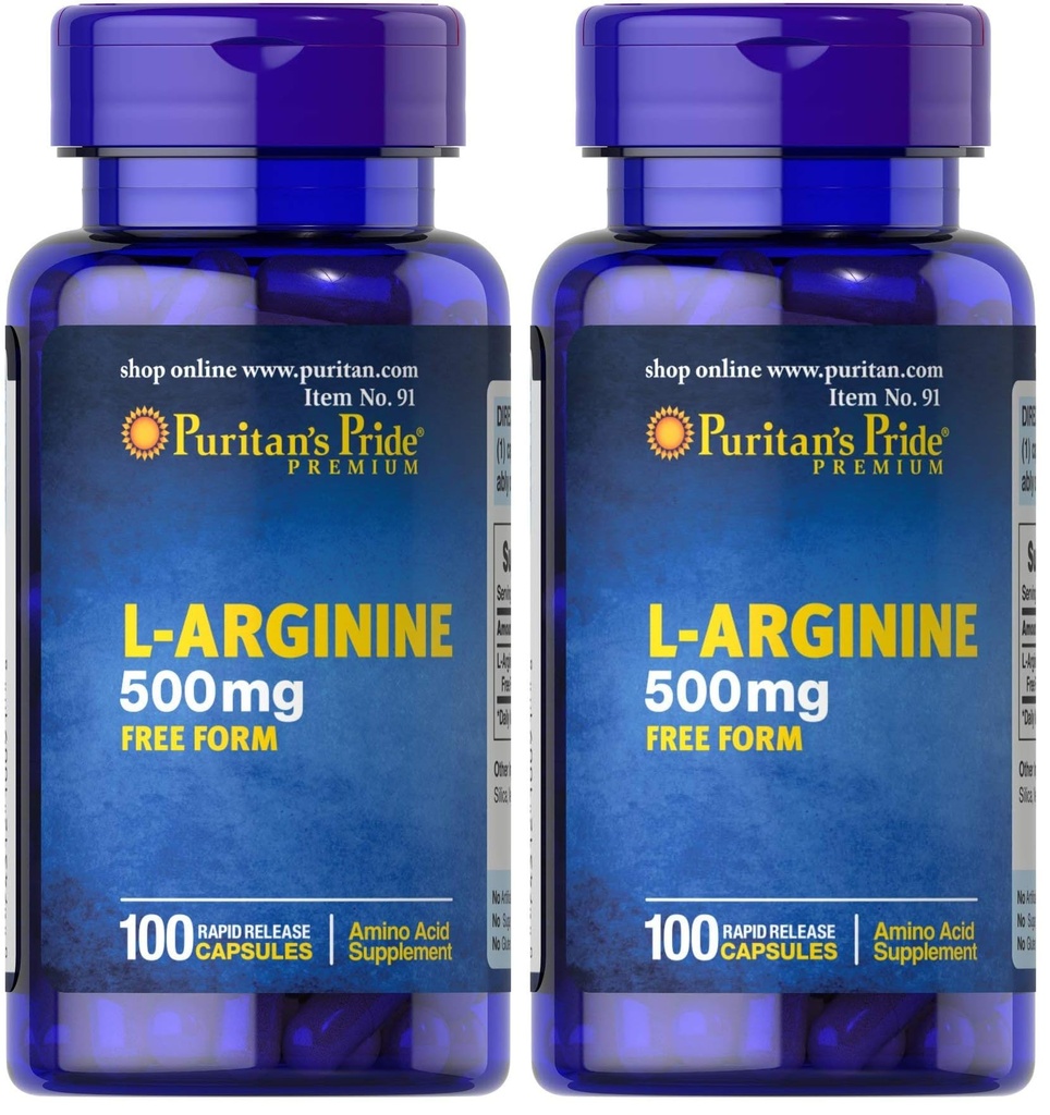 Puritan's Pride L-Arginine 500 mg, Kalp Sağlığı Desteği, 100 Kont (Pack of 2)