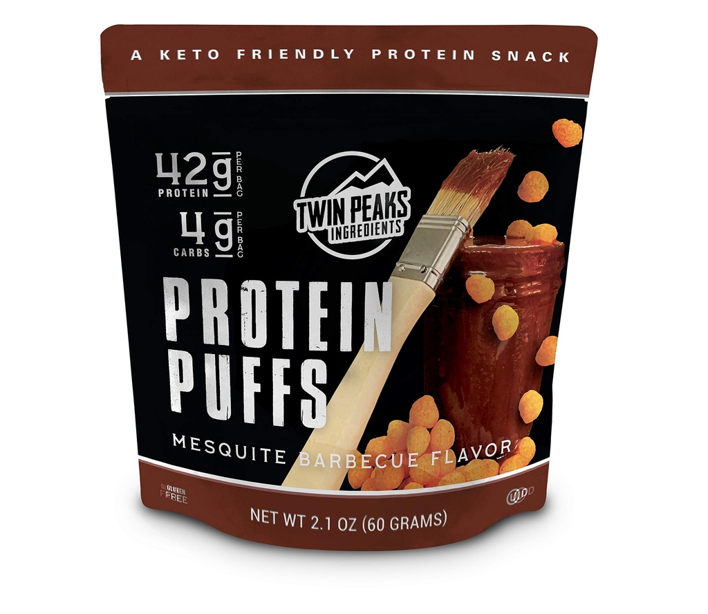 Twin Peaks Low Carb, Keto Friendly protein Puffs, Mesquite Barbecue 2 Hizmet, 3 Pack (60g, 42g Protein, 4g Carbs, 120 Cals)