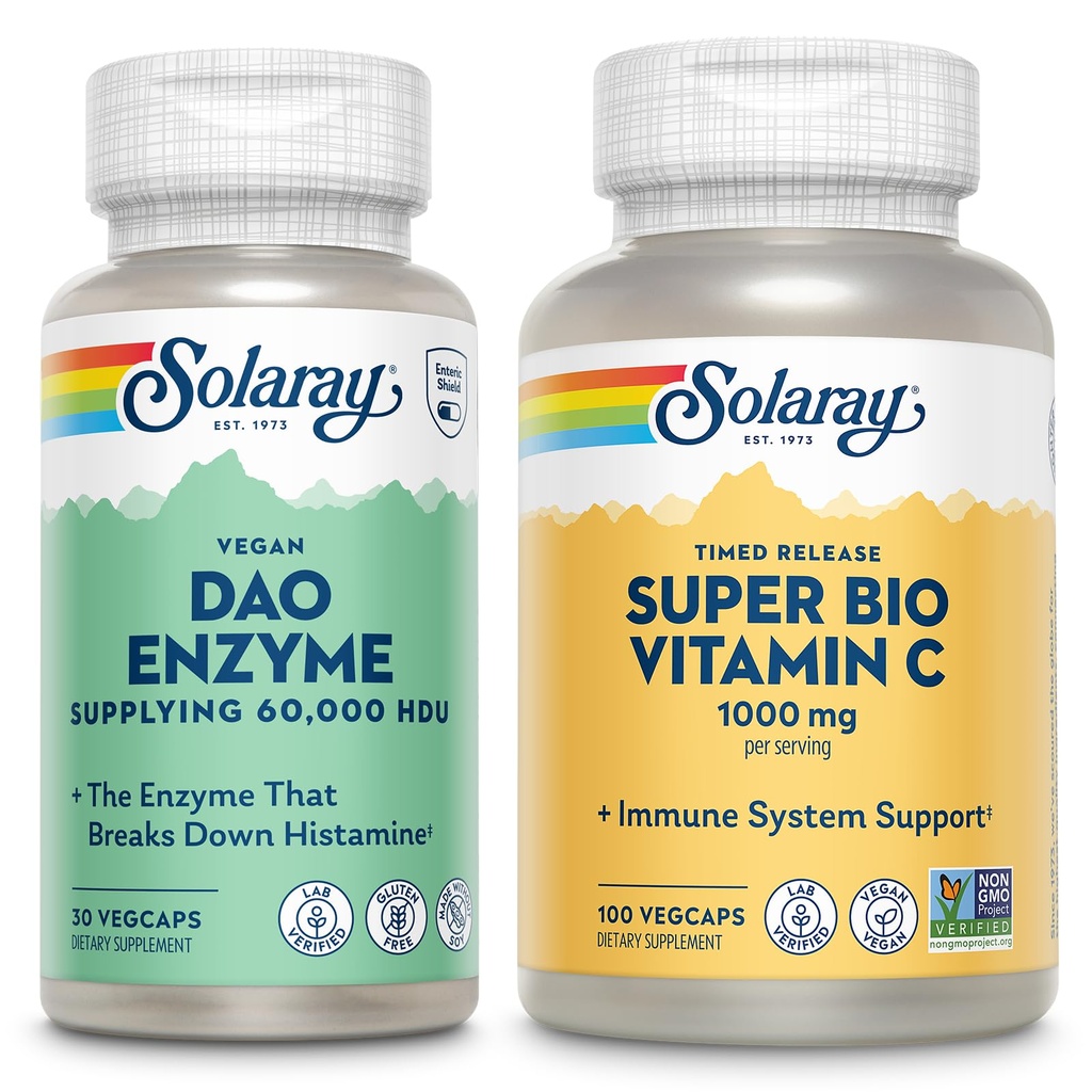 SOLARAY DAO Enzyme ve Super Bio Vitamin C 1000 mg - Digestive Enzymes to Break Down Histamine - Timed Release VIT C w/Bioflavonoyaks Immune Support Supplement, Vegan, 60 Günlük Garanti, 30/50 Hizmetler