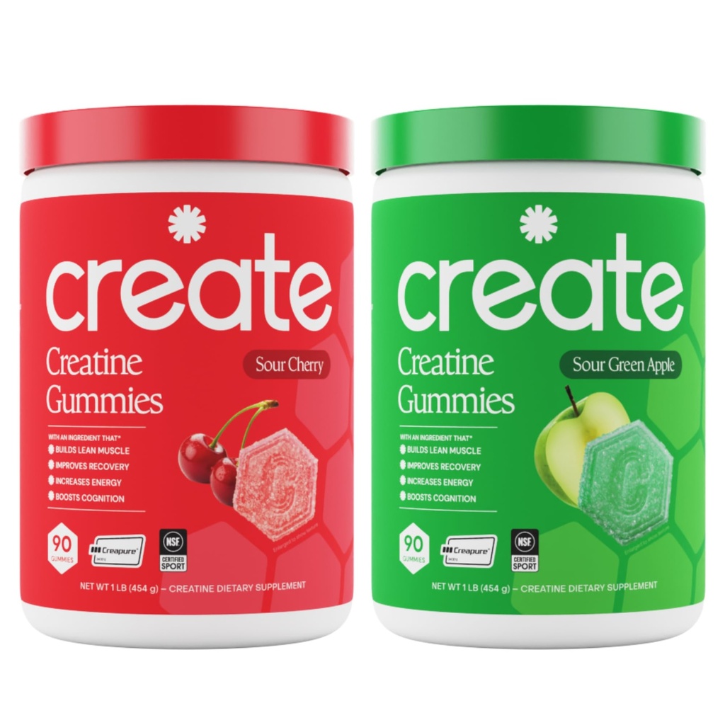 Kreatin Monohidrat Gummies - Sour Power Duo - Sour Apple & Sour Cherry - Kadınlar ve Erkekler için Kretine Gummies, 3rd Parti Test Edildi, Anti-Melting Formula, 180 Count (2-Pack)