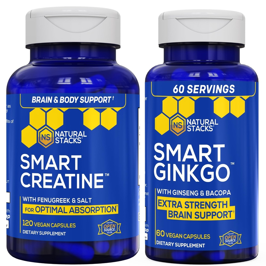 NATURAL STACKS Ginkgo Biloba + Creatine Monohydrate Bundle - Advanced Absorption Formula* - Extra Strength Brain Support* - 180 Total Capsules