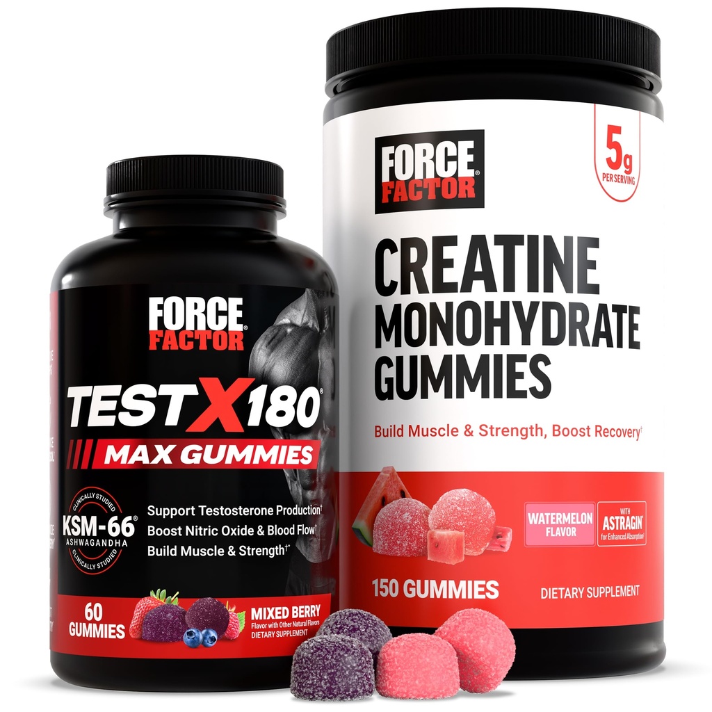 Force Factor Performance Sche: Test X180 Max T-Booster (60 Karma Berry Gummies) & Kretine Monohidrat 5g (150 Watermelon Gummies)