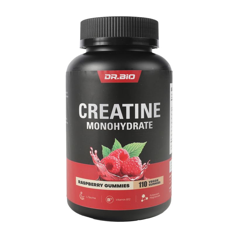 DR.BIOK, Enerji ve Kas Desteği için Monohidratlar, Pre-Workout Kompleksi 5000 mg Kretine, L-Taurine, B12, Mg ve K Kont, Vegan, Red Raspberry, 110