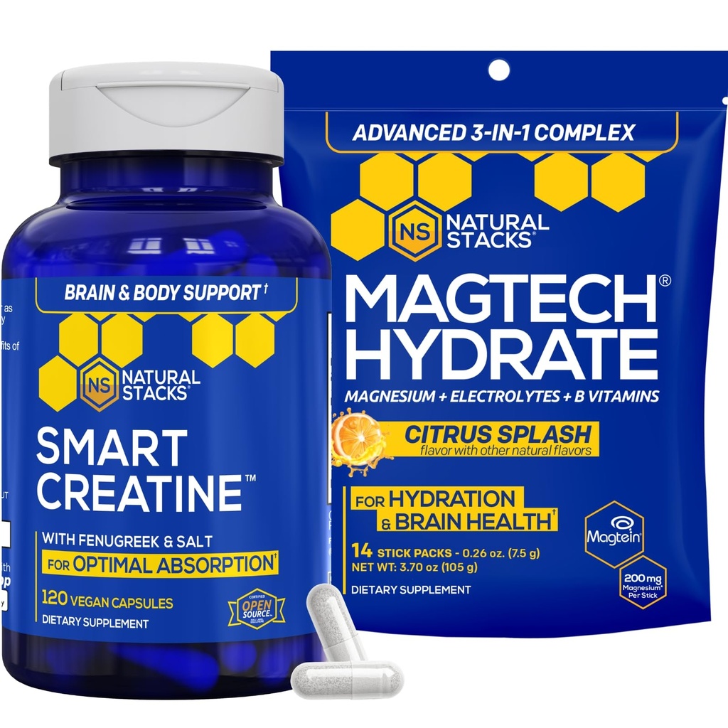 NATURAL STACKS Kretine Monohidrat & Magtech Hydrate Sche - 2500 mgt Kret Cine + 200 mg Elemental Magnezyum - Destekler Hydration, Brain Health & Endurance - 44 Toplam Hizmetler