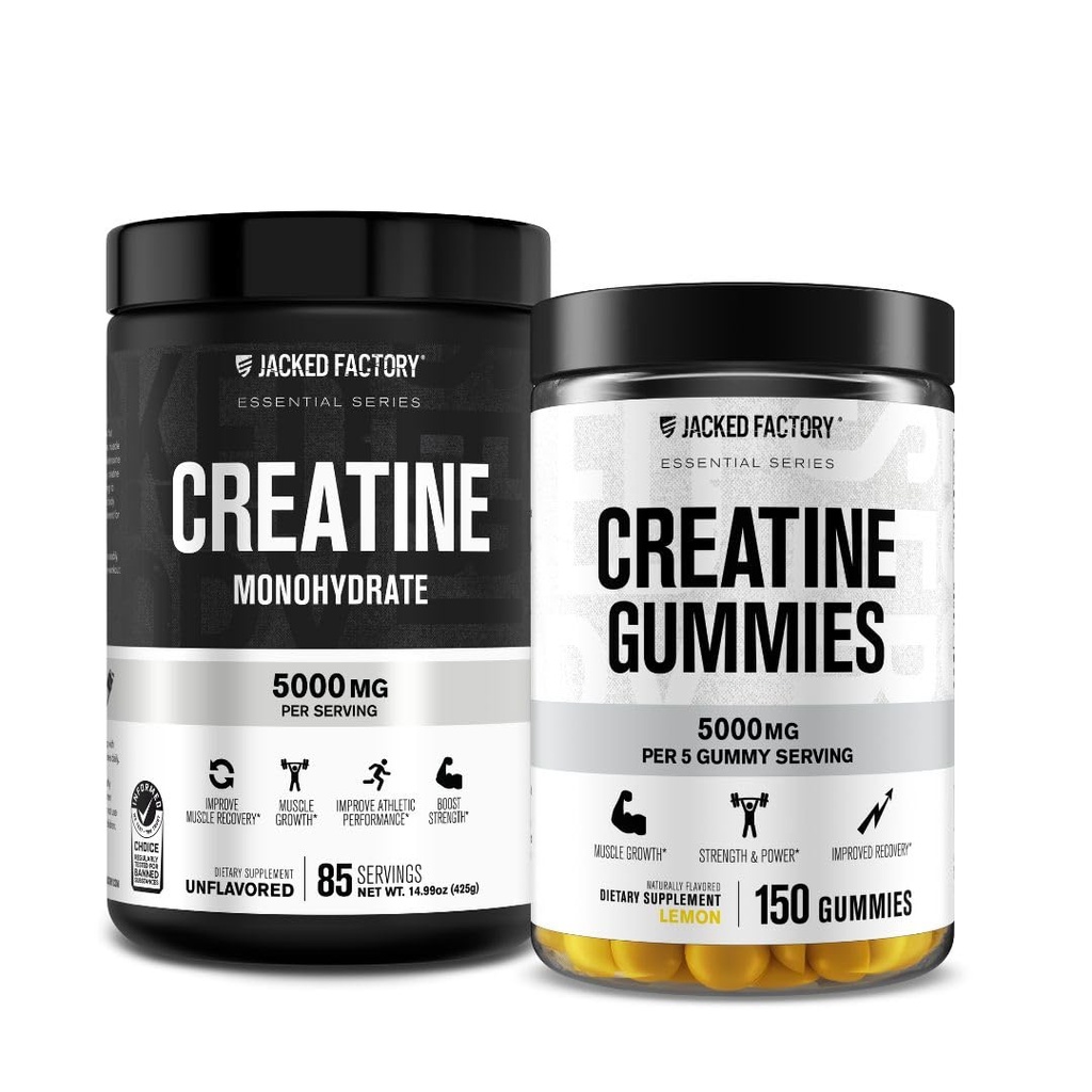 Jacked Factory Tinatine Monohidrat Gummies (150 Gummies, Limon) & Kreine Monohidrat Toz (85 Hizmet, Unflavored)