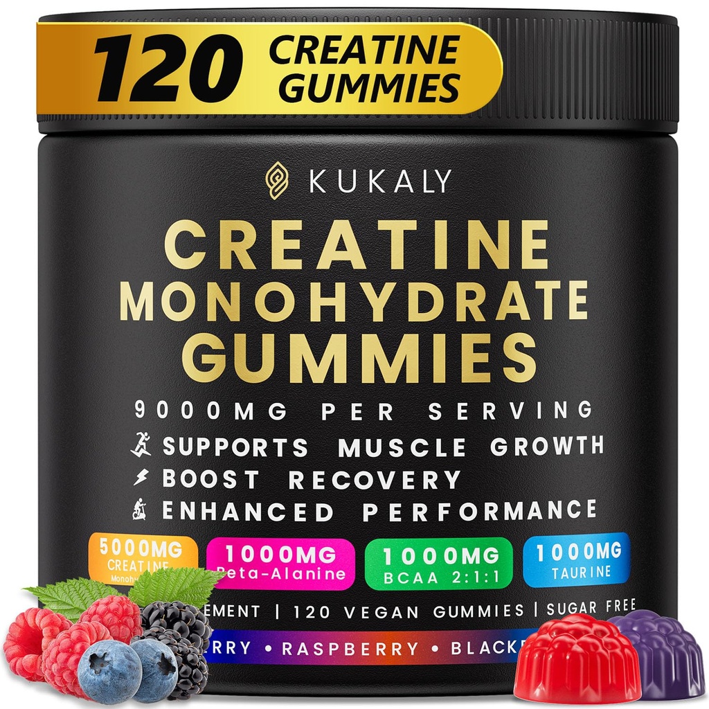 KUKALY Kretine Monohidratlar Men & Women, 9000 TinaMGtine Gummies Sugar Free - karma Flavored with L-Taurine, BCAA 2:1, B12 B6 for Boost Strength, Focus & Endurance, Vegan, Non-GMO, 120parine Gummies Sugar Free - karma Flavored with L-Taurine, BCAA 2:1, B12 B6 for Boost Strength, Focus & Endurance, Vegan, Non-GMO