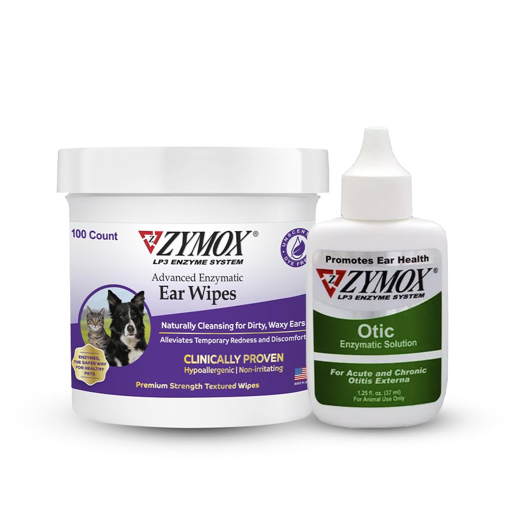 PET KING BRANDS ZYMOX Enzymatic Ear Wipes & Otic Solution Hydrocortisone Free for Dogs & Cats - Product Bundle - for Dirty, Waxy, Smelly Ears & to Soothe Infections, 100 Count Wipes & 1.25oz Bottle