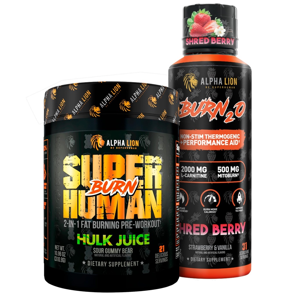 ALPHA LION Stubborn Fat Kayıpı – Superinsan Burn Pre Workout + Burn2O Sıvı L-Carnitine 2000 mg (ShredBerry) – 2in-1 Termogenic Fat Yanağı için
