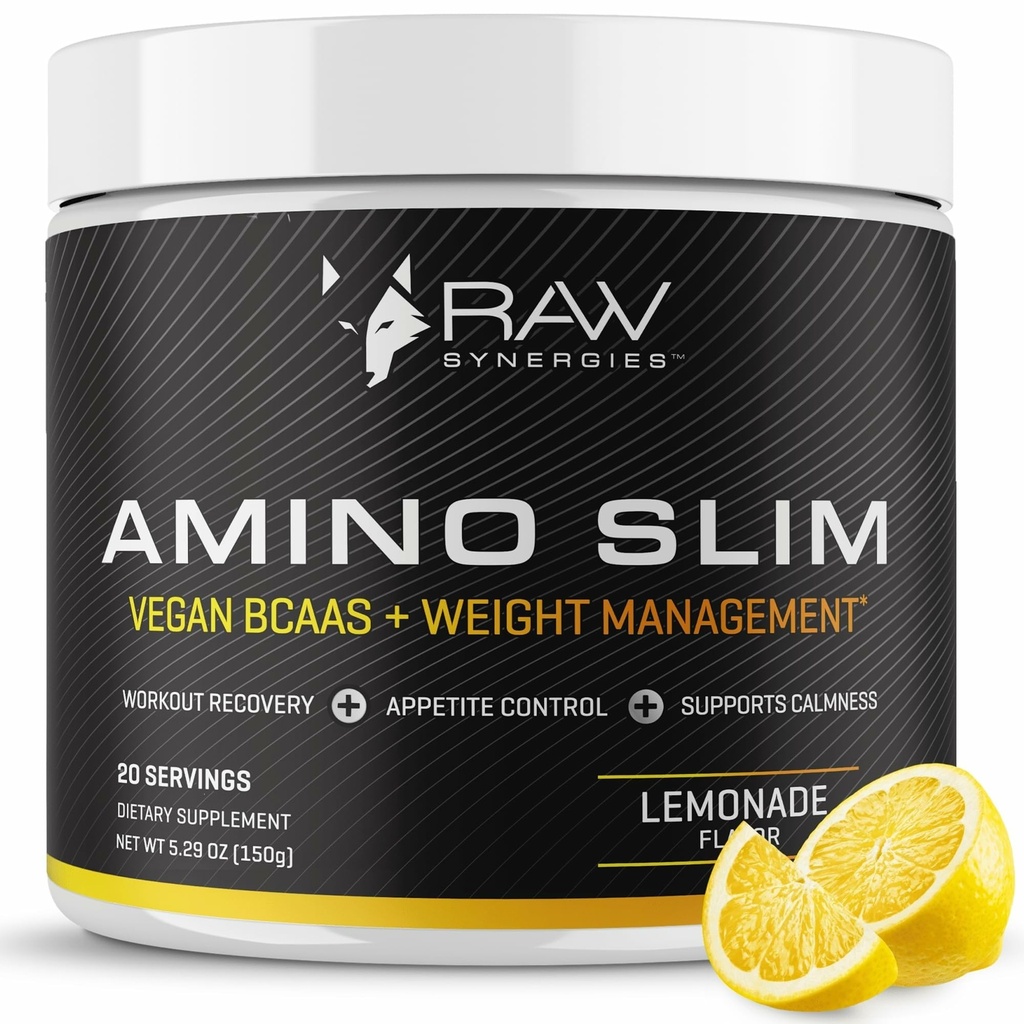 RAW Synergies Amino Slim - Active Lifestyle Supplement for Metabolic & Mindful Eating Support - Muscle & Energy Support - Sugar-Free & Vegan - Lemonade - 20 Servings