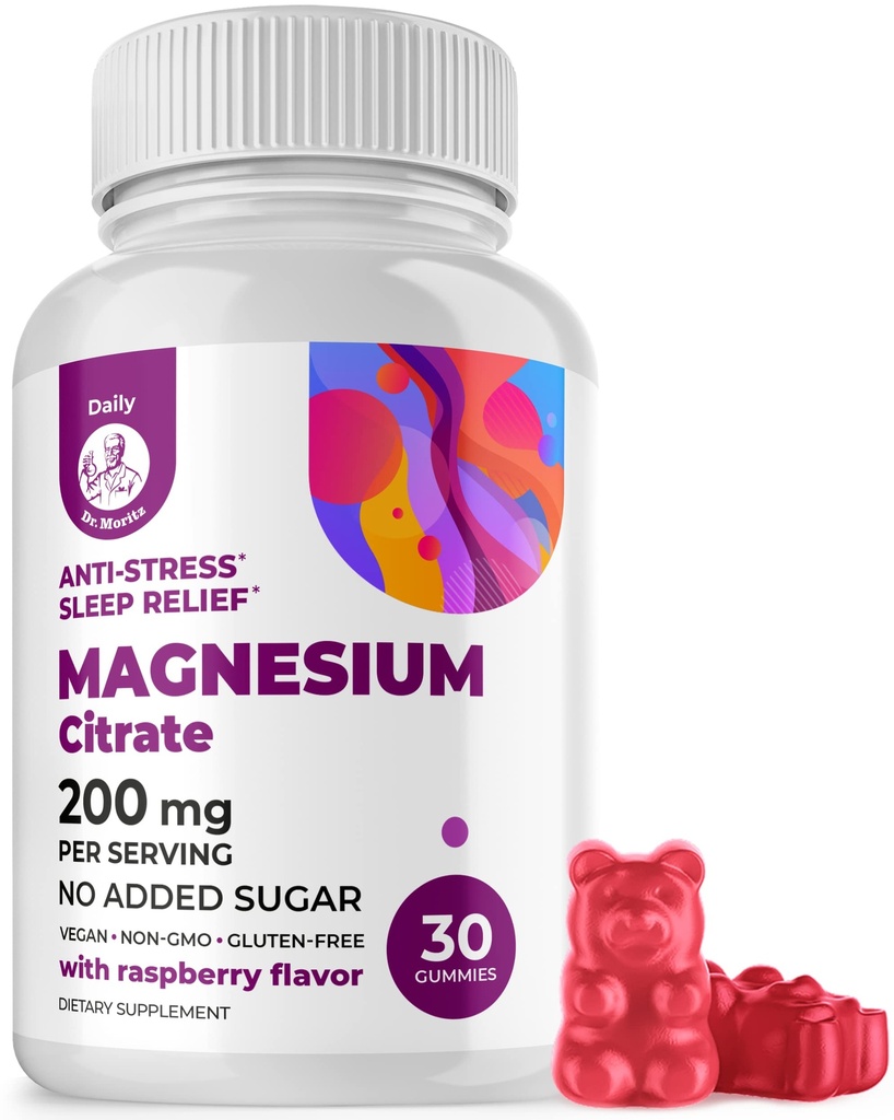 DR. MORITZ Magnezyum Citrate Gummies for Yetişkinler - Sugar-Free Calm Magnezyum Gummies - Supports Cardiovascular Health- Raspberry Flavor - Non-GMO, 200 mg (30 Count)