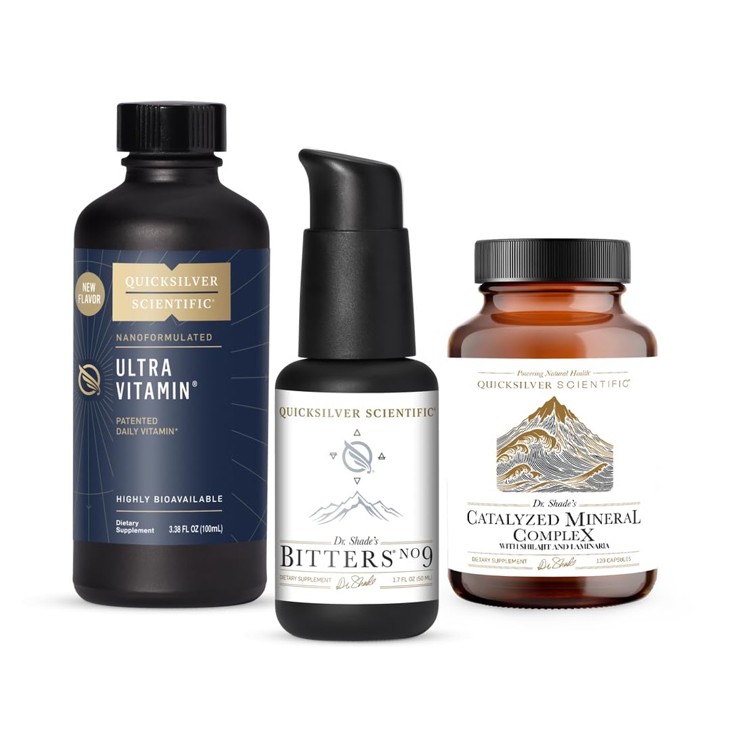 Hızlıca Bilimsel Ultra Vitamini Biyoaktif B Kompleks, Vitaminler C, D, E & K (100 ml), artı Dr. Shade's Catalyzed Mineral Kompleks & Bitters No. 9 for Energy, Detox & Digestiviv