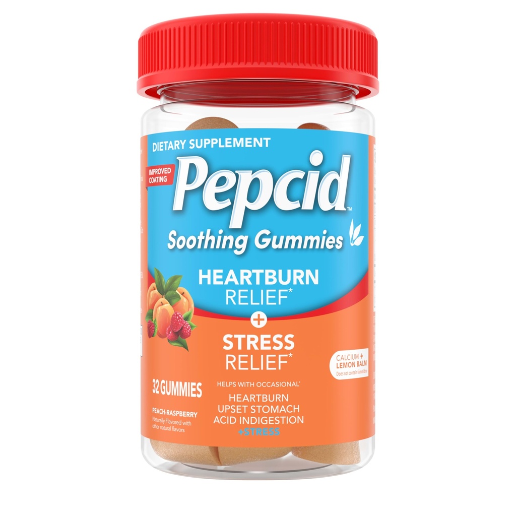 Pepcid Soothing Antacid Gummies, Heartburn Relief + Stress Relief for Occasional Heartburn, Upset Stomach, and Acid Indigestion, Lemon Balm Extract, Tricalcium Phosphate, Peach-Raspberry, 32 ct
