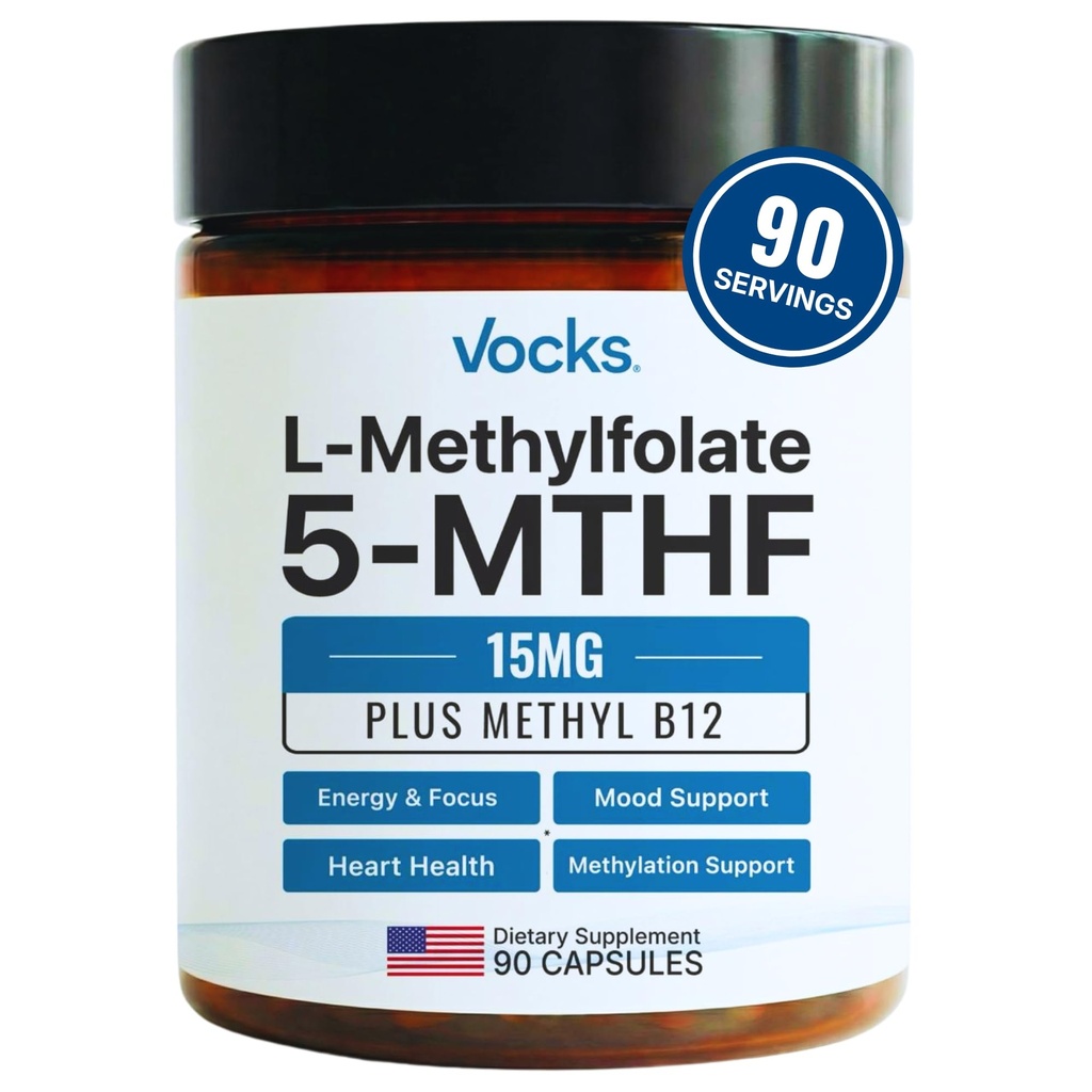 Vocks L Mefolate 15 mg 5MTHF + Mesel B12 | Yüksek Potency Mefolate Tamam | Active Meed Folate Vitamin B9 | MTHFR Supplement|Kadın ve Erkekler için Tamam | 90 Capsules
