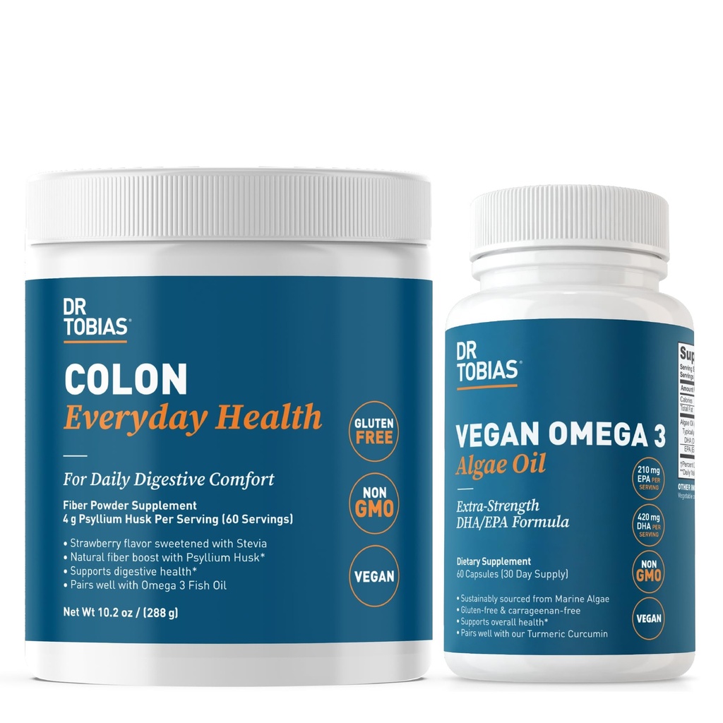 Dr. Tobias Colon Everyday Health & Vegan Omega 3 Algae Oil - Digestive Wellness ve Daily Health Support with Psyllium Husk and DHA EPA 3 Omega, Vegan, Non-GMOMO