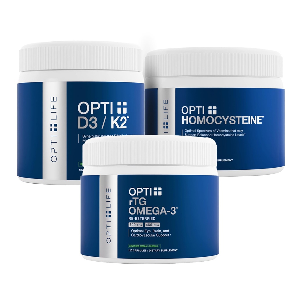 Opti+ Heart & Vascular Health Sche - rTG Omega-3, Homocysteine B-Vitamins & D3 K2 Supplement Kit | Supports Cardiovascular Wellness & Sağlıklı Ağlama* | 3 Ürün Daily Heart Support Pack