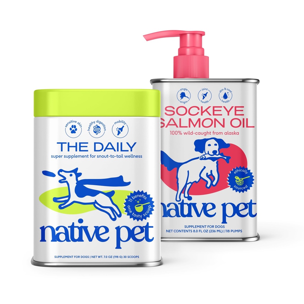 Yerli Pet The Daily Dog Supplement (30 Scoops) & Salmon Oil for Dogs & Cats (8 Oz) - 11 in 1 Multivitamin & Pure Omega-3 Fish Oil Supplement for Skin & Coat, Joint, Heart Health & Anti-Inflammatory