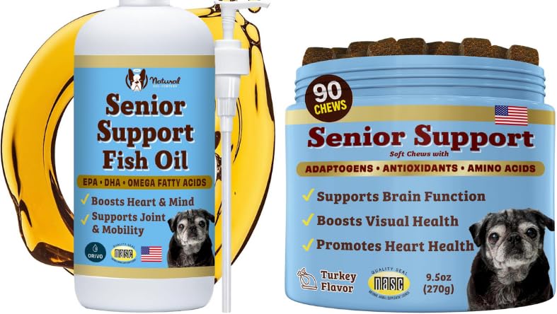 Doğal Köpek Şirketi Senior Dog Sche – Omega 3 Fish Oil Sıvı 16oz & Senior Wellness Chews 90ct – Program Hareketliliği, Beyin, Kalp ve Göz Sağlığı Turmeric, Salmon, Lion's Mane & Omega-3s