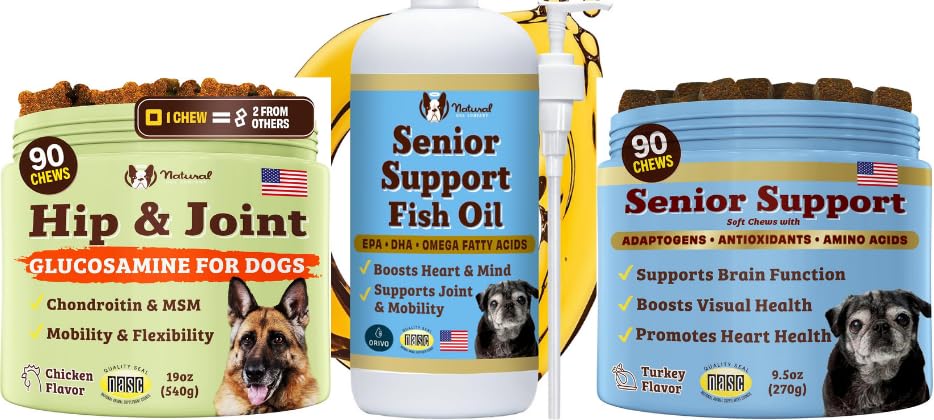 Doğal Köpek Şirketi Senior Dog Sche – Omega 3 Fish Oil 16oz + Senior Wellness Chews 90ct + Hip & Ortak Chews 90ct – Support Commons, Brain, Heart, Eyes, Skin & Mobility with Omega-3s, Lion's Mane & G
