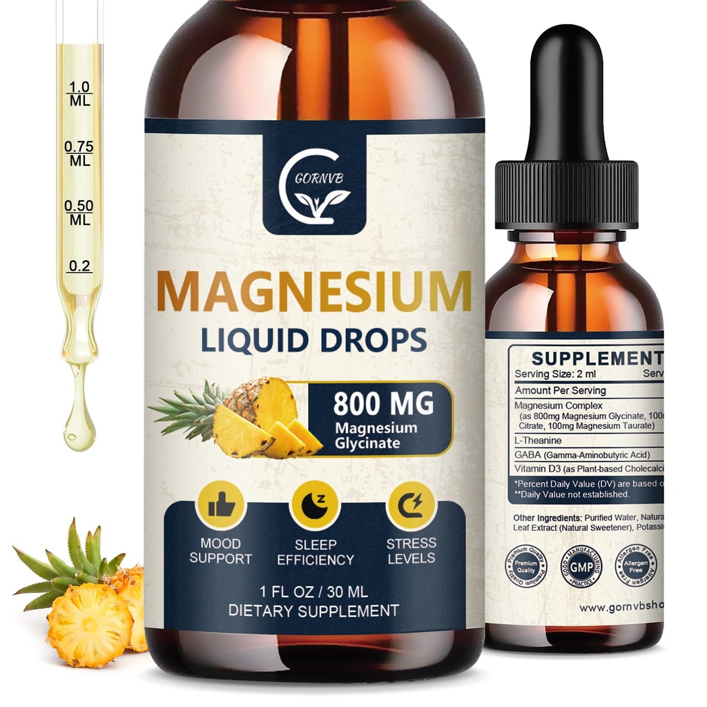 (2 Pack) Magnezyum Glycinate Liquid Drops | 1000 mg Sıvı Kompleksi D3, L-Thea & GABA for Energy, Sleep, Nerve and Heart Health, High Abxia, Pineapple Flavor
