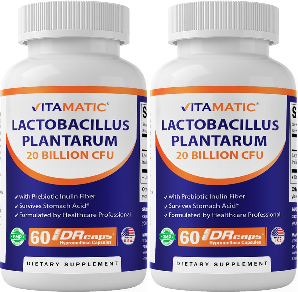 Vitamatic Lactobacillus Plantarum - DR Capsule başına 20 Milyar - 60 Kont - Digestive Support - Prebiyotik Inulin Fiber-2 Pack ile Made with Prebiyotik Inulin Fiber-2 Pack
