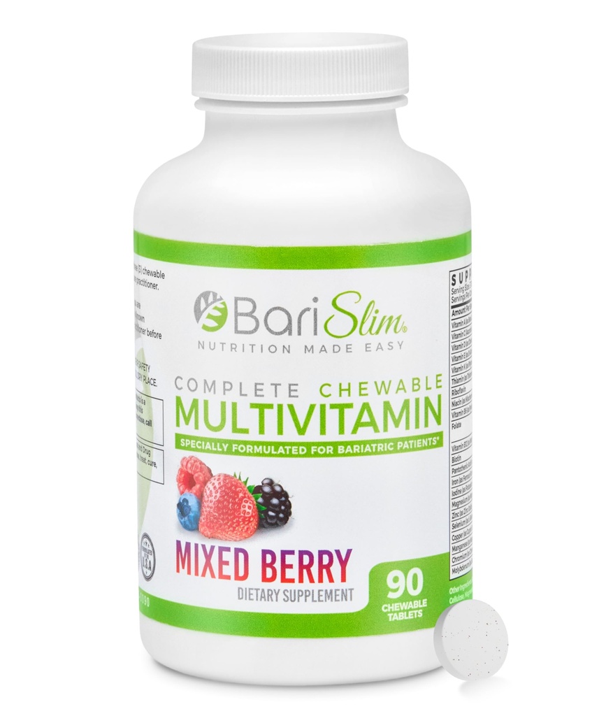 BariSlim Tamam Chewable Bariatric Multivitamin Tabletleri - 45 mg Demir - Bariatrik Vitamin & Supplement for Post Bariatric Surgery Including Gastrik Bypass & Gastrik | Karma Berry (90 Kont)