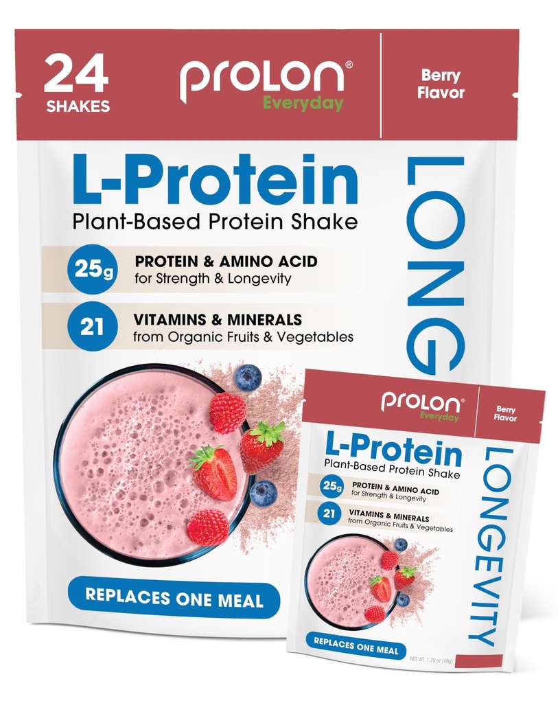 Prolon Longevity Plant Based Protein Toz | Kas Synthesis & Tamir, Sağlıklı Ağlama, Boost Performans | Vitaminler, Gluten Free, Amino Asits, Antioksis | 25g of Protein | Berry, 24 Packets