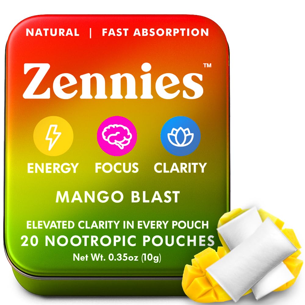 Zennies Caffeine Nootropic Pouches with Alfa GPC, L-Tyrosine & L-Theanine, Lion's Mane, Cordyceps, Reishi - Nicotine Free, No Sugar or Yapay Sweeteners Nootropic Energy Pouches, Mango Blast 1 PK