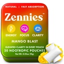 Zennies Caffeine Nootropic Pouches with Alfa GPC, L-Tyrosine & L-Theanine, Lion's Mane, Cordyceps, Reishi - Nicotine Free, No Sugar or Yapay Sweeteners Nootropic Energy Pouches, Mango Blast 1 PK