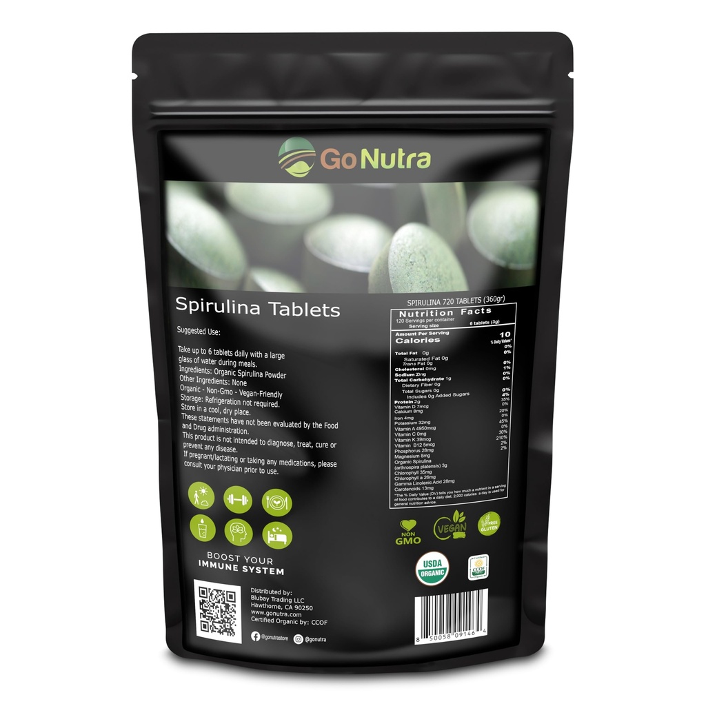 Go Nutra Organik Spirulina Tabletler | Nutrient Dense Organik Spirulina Superfood | Protein, Vitaminler, Mineraller, Fiberler, Amino Asitler | No Fillers, Non-GMO, Vegan | 500 mg, 720 ct, 4 Ay Supply