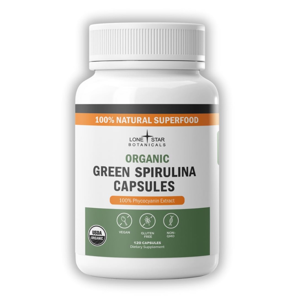 Lone Star Botanicals Organik Spirulina Capsules – 100% Pure Blue-Green Algae, No Fishy Chicken, Superfood Supplement, Vegan, Non-GMO, Gluten-Free (120 Kont, Green Spirulina)