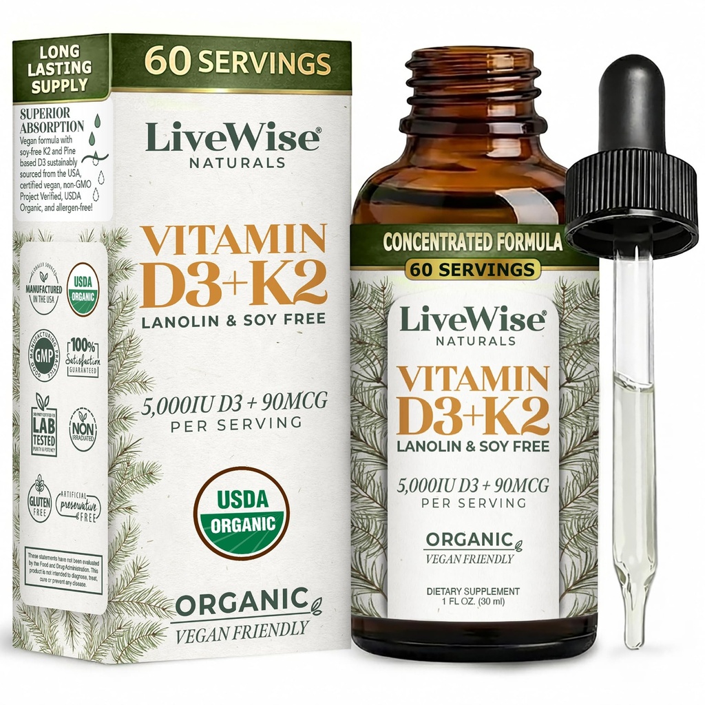 Live Wise Naturals Vegan D3 K2 Vitamin 5000 IU, 90 MCG (MK-7) Drops - 60 Servings, Ultra Concentrated Formulation, and Fast Absorption - Precision Micro-Dosing Dropper for Cognitive & Immune Support