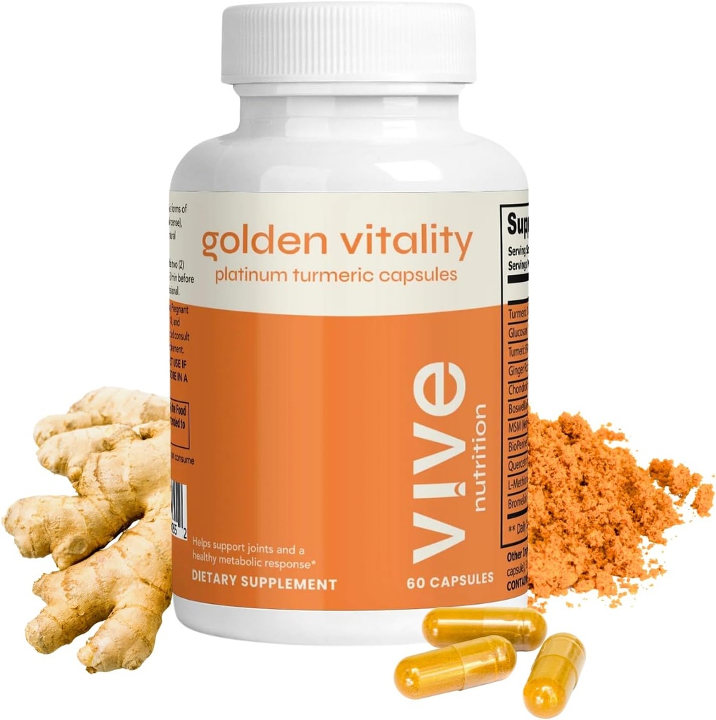 Golden Vitality Turmeric Curcumin Capsules - Platinum Meeting with 95 Curcuminoids, Glucosamine, Chondroitin, MSM & BioPerine - Ortak & Bone Support - 60 Count, 30 Days Supply