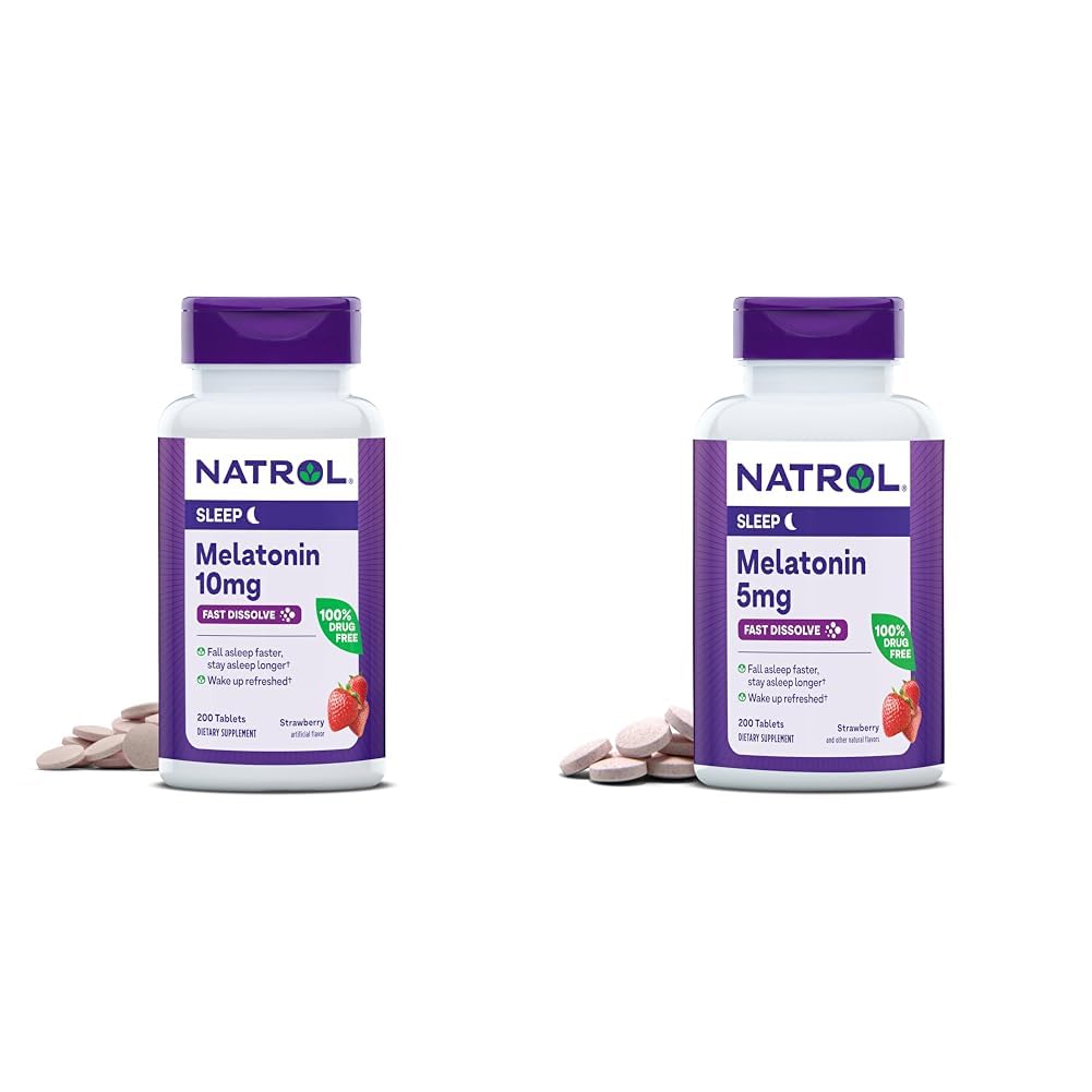 Natrol Melatonin 10 mg 200 Tablet & 5mg 200 Tablet Strawberry-Flavored Fast-Dissolve Sleep Support Diyetary Supplement Sche