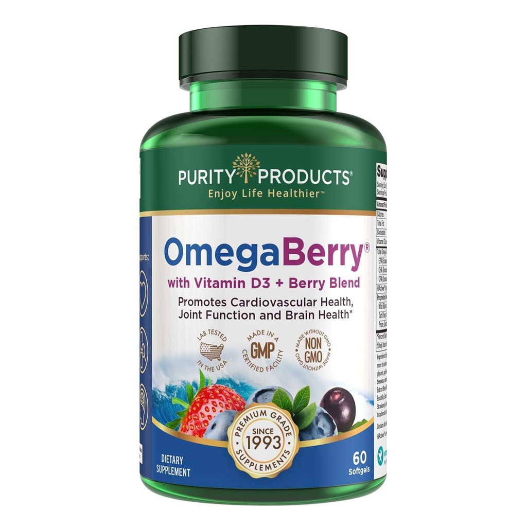 Purity Products OmegaBerry Fish Oil with Vitamin D3 and Organic Acai - 1250mg Concentrated Molecularly Distilled Ultra Pure Omega-3 Fish Oil, 500mg DHA + 650mg EPA - 60 Soft Gels - 30 Day Supply from