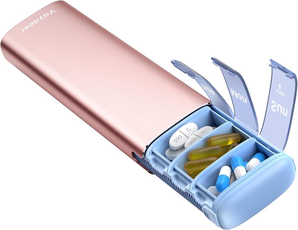 Vaydeer Metal Seyahat Pill Organizer, 7 Günlük Pill Box, Büyük Kapasite Daily Cute Pill Case for Supplements, Pills, Vitaminler ve İlaçlar (Küçük, Rose Gold)